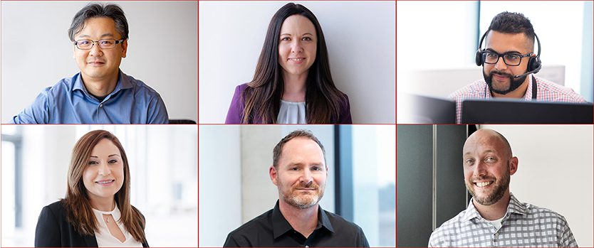 Collage of six individuals working in separate frames, highlighting different roles and work environments.