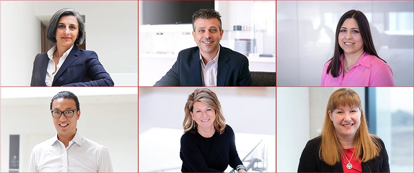 Collage of six individuals working in separate frames, highlighting different roles and work environments